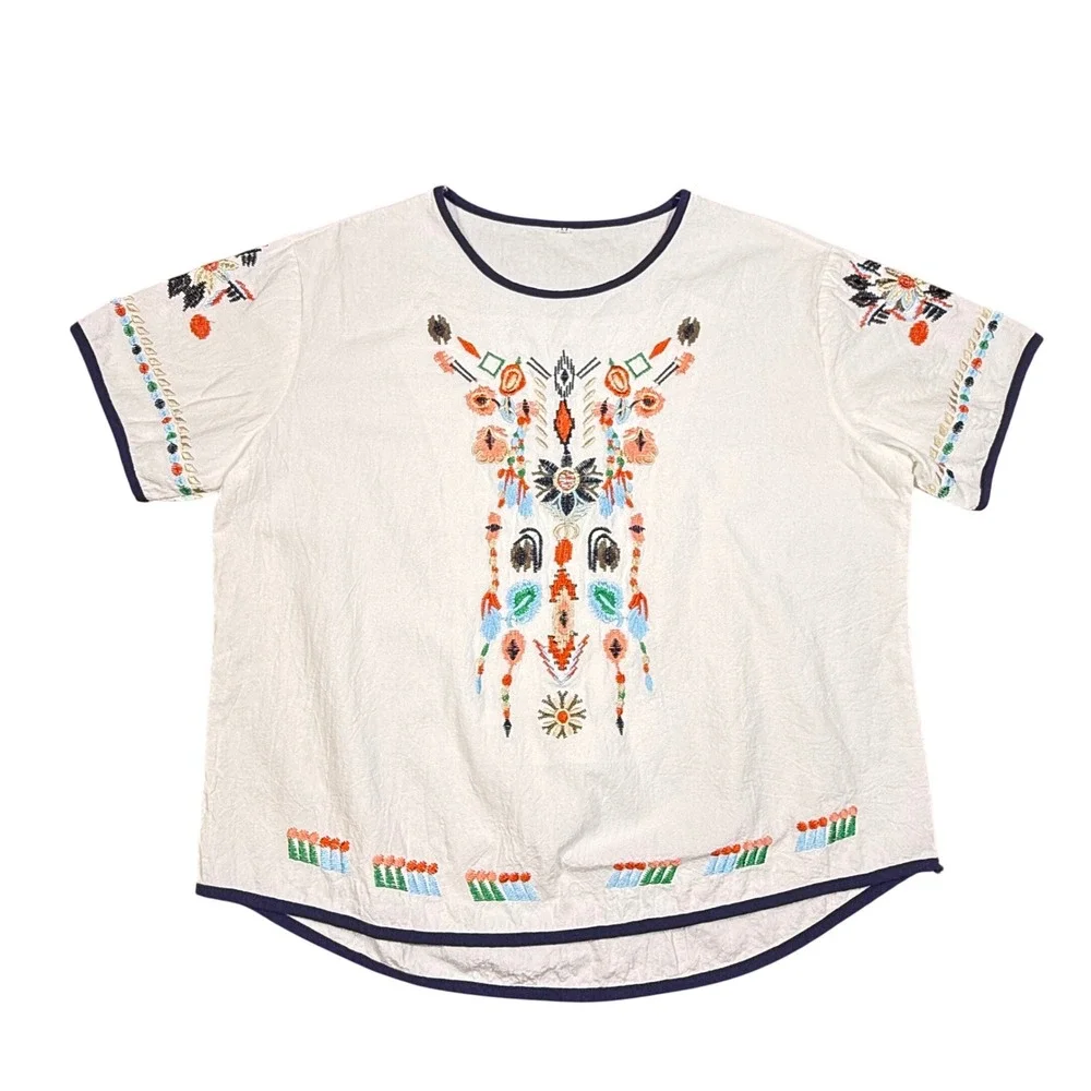 White Cotton Linen Embroidered Boho Short Sleeve Top Sz M lightweight Oversized - Picture 1 of 10